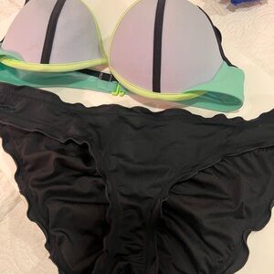 Victoria's Secret Black Bikini Bottom with Mint & Pastel Trim Push-Up Top